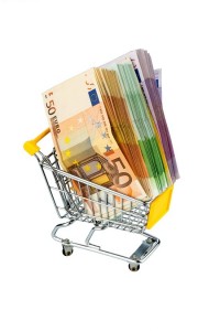 euro bank notes in a shopping cart, photo icon for purchasing po
